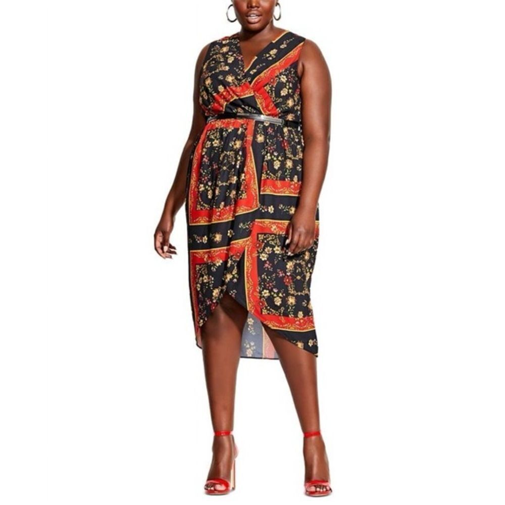 City Chic Printed Scarf Dress Black Red Faux Wrap Midi Dress